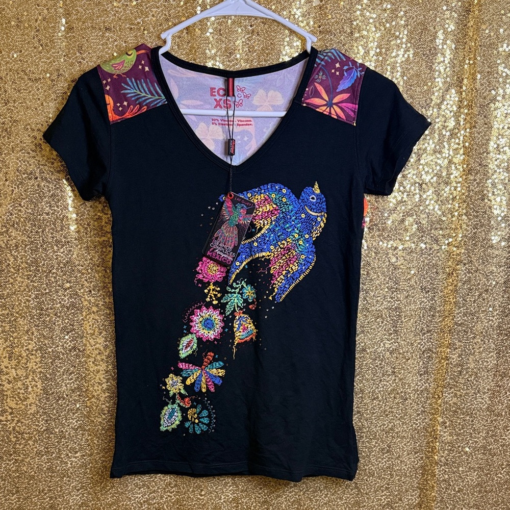 Ay Güey! V-Neck Black Top with Colorful Bird Design